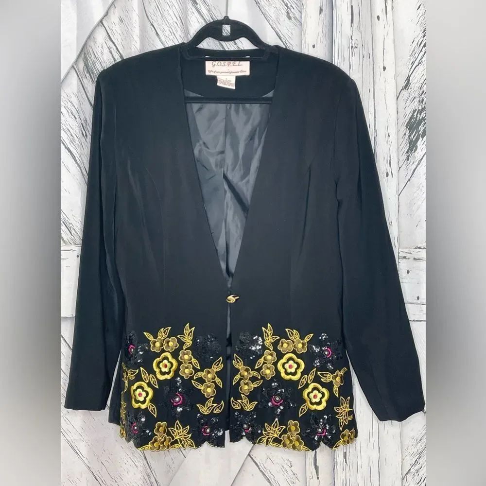 G.O.S.P.E.L. Floral Embroidered Sequin Church Suit Jacket Black 14